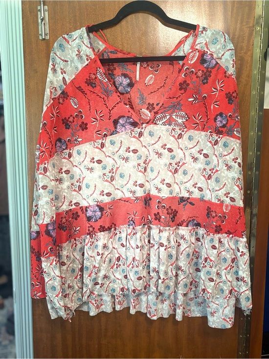 Free People Tops - Free People Red and Cream Floral Patchwork V-Neck Blouse